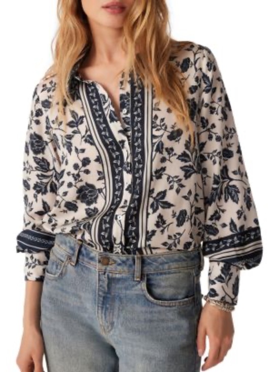 ba&sh Tops - Ba&sh Navy White Fleur Lady Shirt Size Small